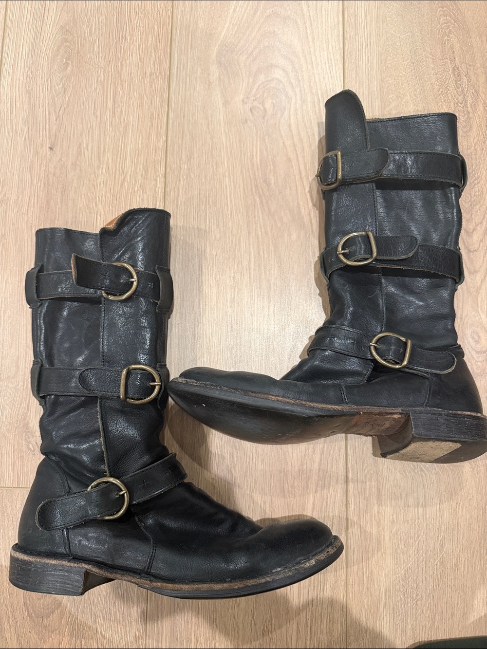 Fiorentini + Baker Black Leather Buckle Strap Mid-Calf Boots